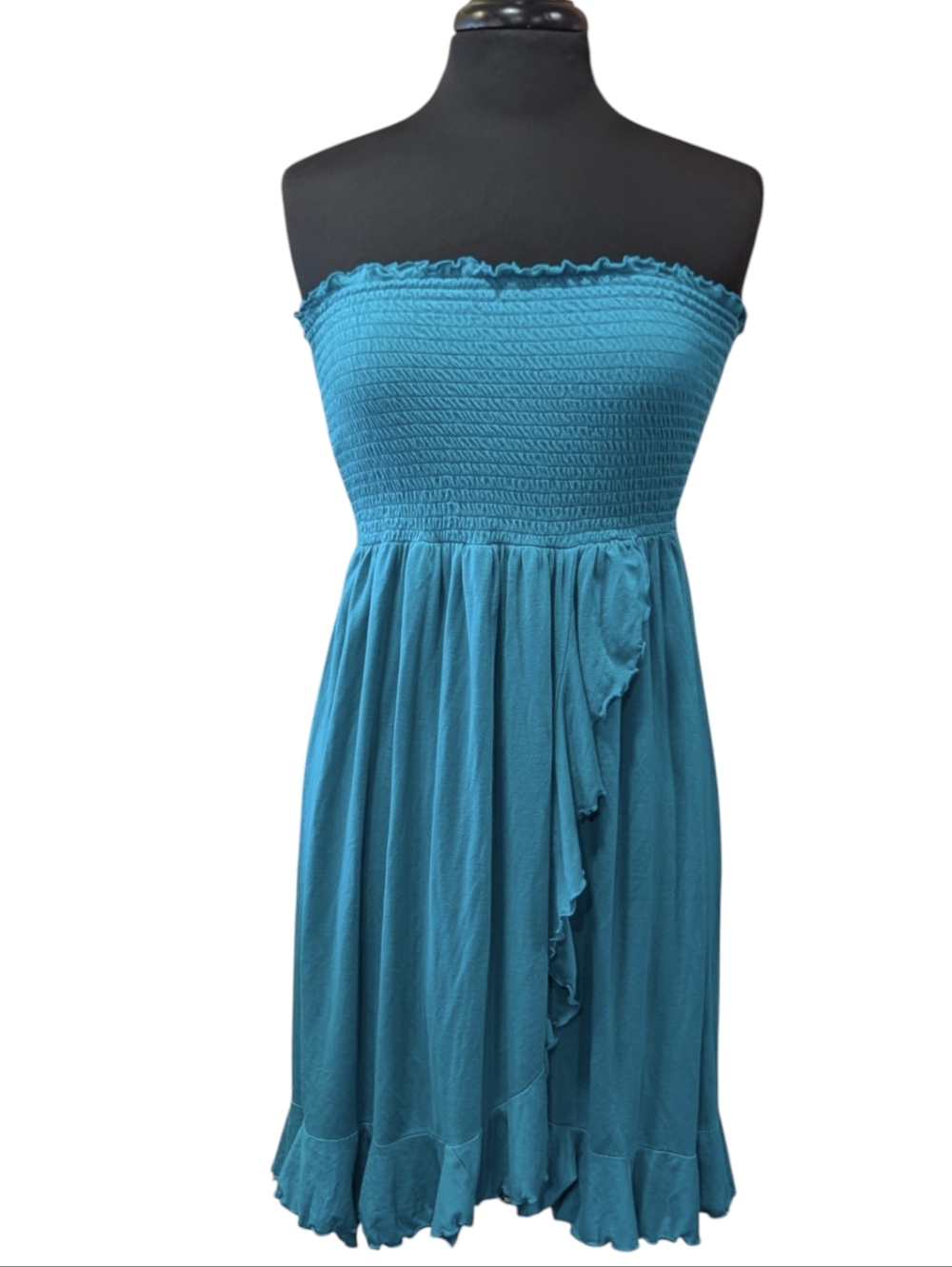 Vintage Y2K Boho Beach Babe Teal Strapless Smocked Ruffle Dress Wearabouts L